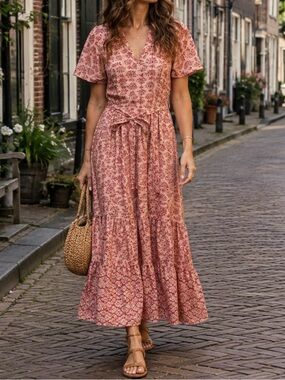 Magari Mosaic Floral Poplin Short Sleeve Belted A-Line Maxi Dress Pink Medium